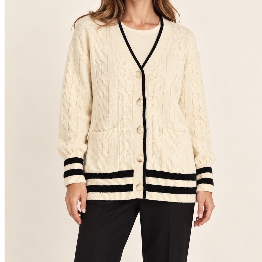 LOFT Cream Cable Knit Cardigan Navy Stripe Preppy Varsity V-Neck Sweater L g5